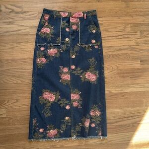 Heritage Denim Floral Midi Skirt – Size 8 – Back Slit – Like New